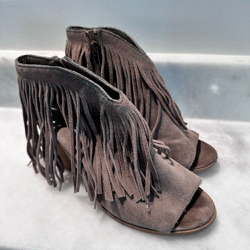 Steve Madden Womens Fringe Leather VINTAGE Y2K Rock-It Booties Taupe Size 7.5M